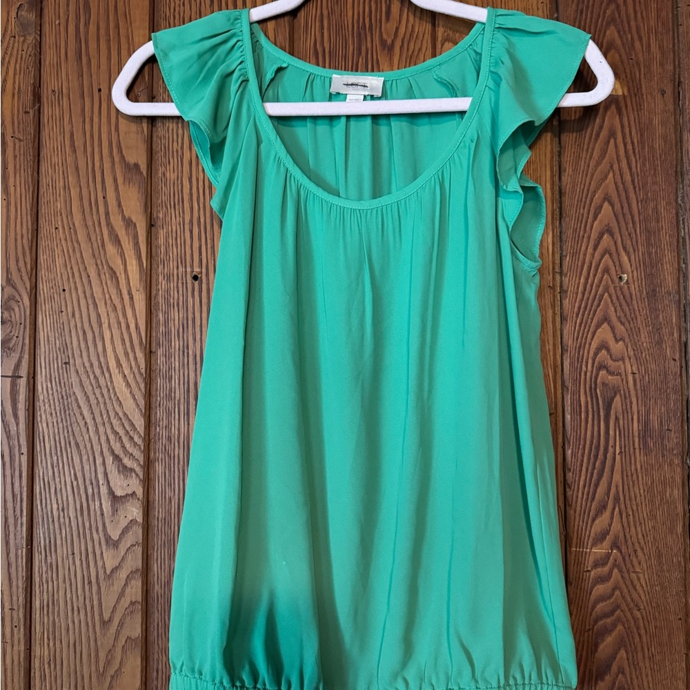 LOFT Teal Ruffle Sleeve Bubble Hem Blouse